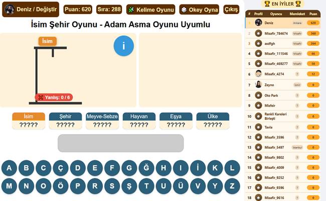 İsim Şehir Oyunu